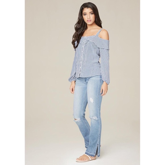 Bebe Navy Blue Striped Cold Shoulder Top - Picture 4 of 11